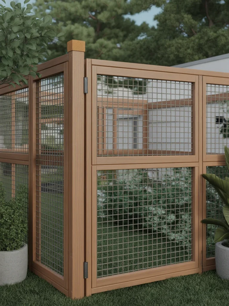 Hog wire fence panels with wooden frame in a modern backyard garden
