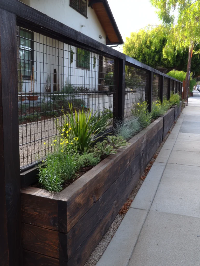 Horizontal timber hog wire fence with tall panels and built-in planter boxes along sidewalk.