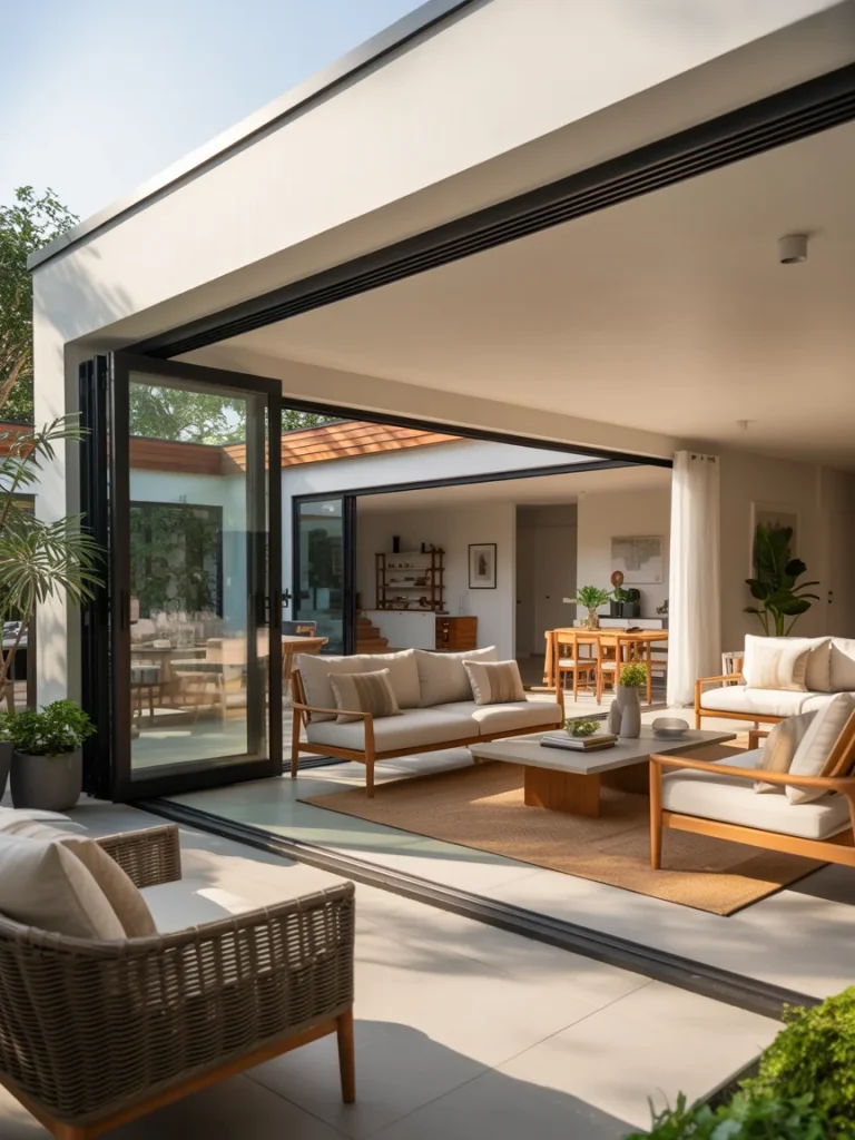 Indoor-outdoor living room extension with open glass doors and modern patio seating
