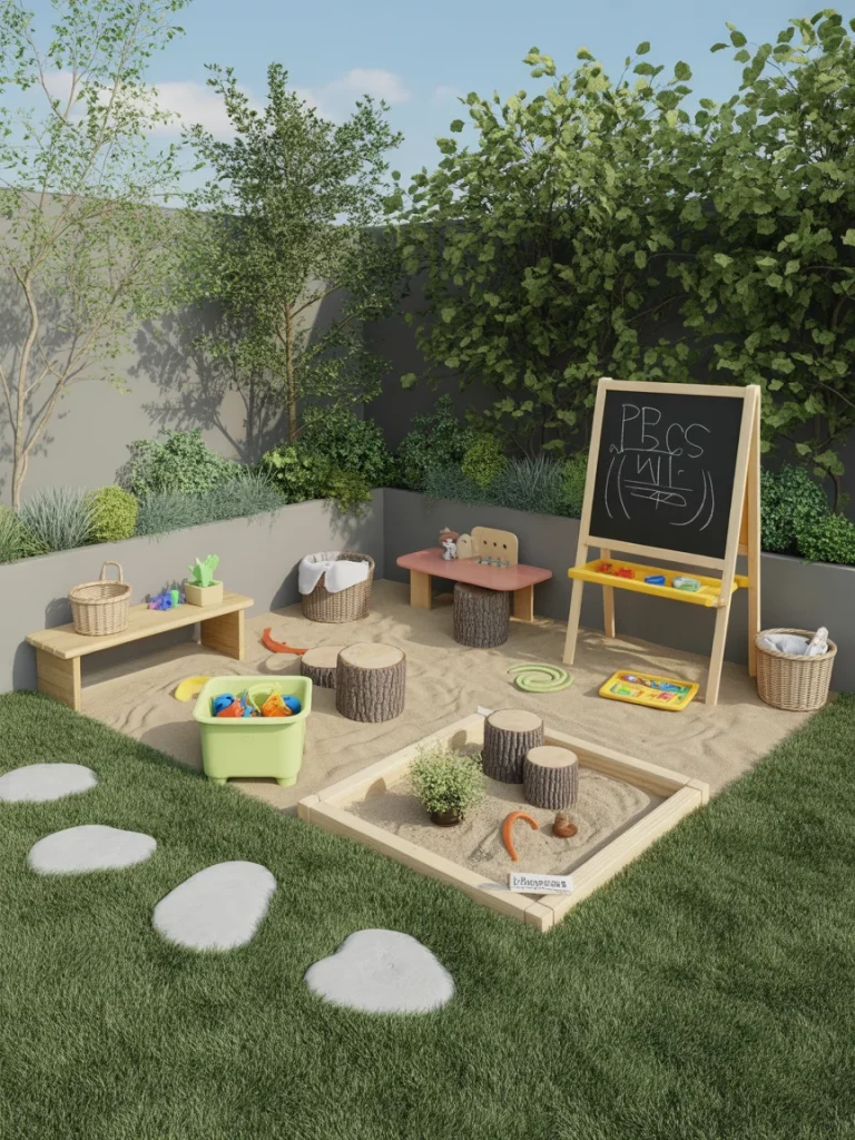 Kids’ discovery corner with sandbox, chalkboard, toys, and outdoor learning play area.
