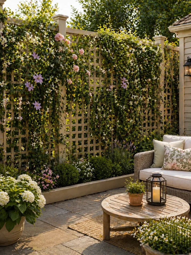 Lattice fence panels with climbing vines creating backyard privacy