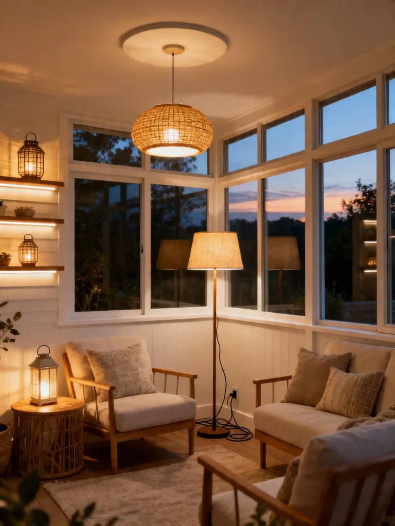 Sunroom with layered lighting including pendant, floor lamp, and accent lanterns at sunset