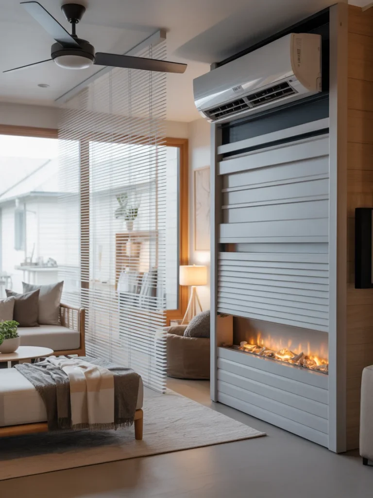 Modern sunroom with layered heating and cooling including AC unit, ceiling fan, and fireplace