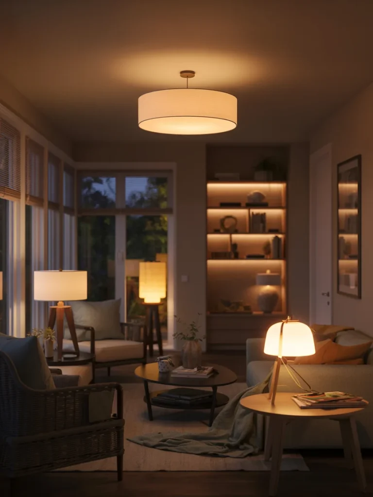Sunroom with layered lighting including ceiling fixture, table lamps, and ambient shelf lights