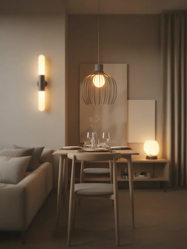 Small dining area with layered lighting including pendant, wall sconce, and table lamp.