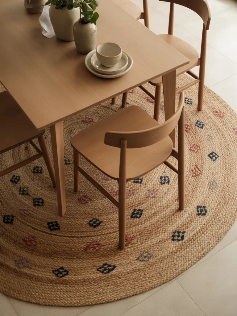 Round jute rug with subtle pattern under wooden dining table and chairs in a modern boho space.