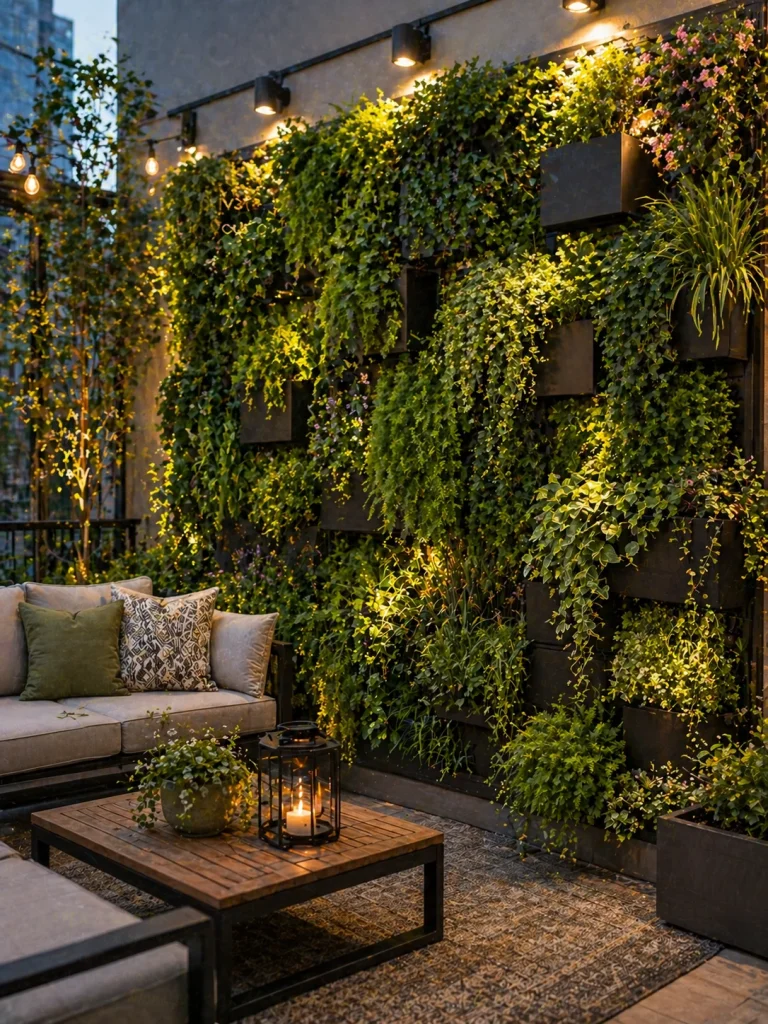 Living wall with vertical garden planters and cozy outdoor seating area