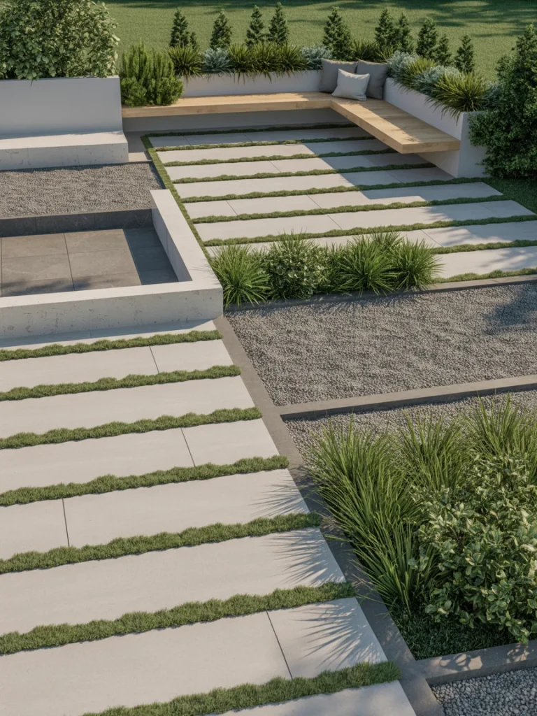 Low-maintenance modern backyard grid with stone pavers, gravel, and built-in bench seating