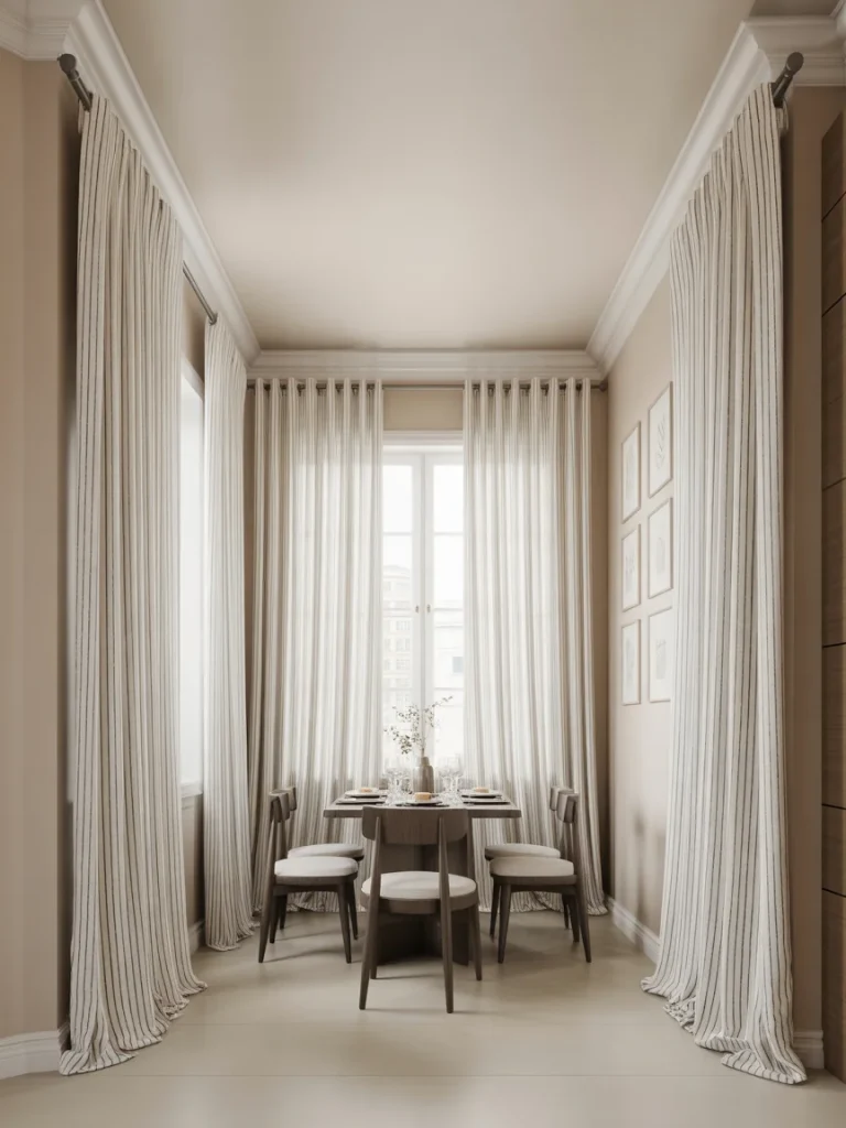 Small dining area with floor-to-ceiling curtains that make the ceiling appear taller.