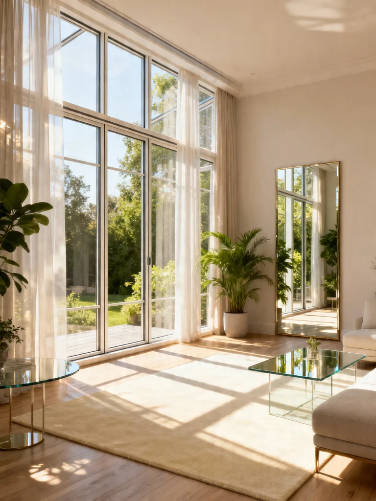 Bright living room with large floor-to-ceiling windows and natural sunlight