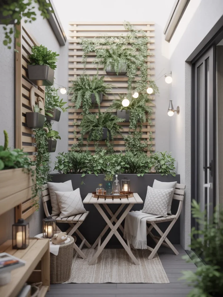 Micro backyard patio with bistro table, chairs, and vertical garden wall