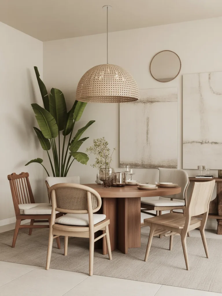 Modern boho dining room with mixed sculptural chairs, round wooden table, and woven pendant light.