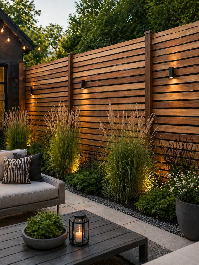 Modern slatted wood fence with outdoor lighting and landscaped garden