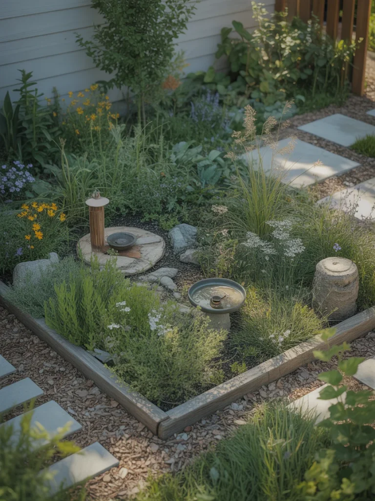 Native plant wildlife pocket garden with bird bath, pollinator-friendly plants, and gravel pathways.