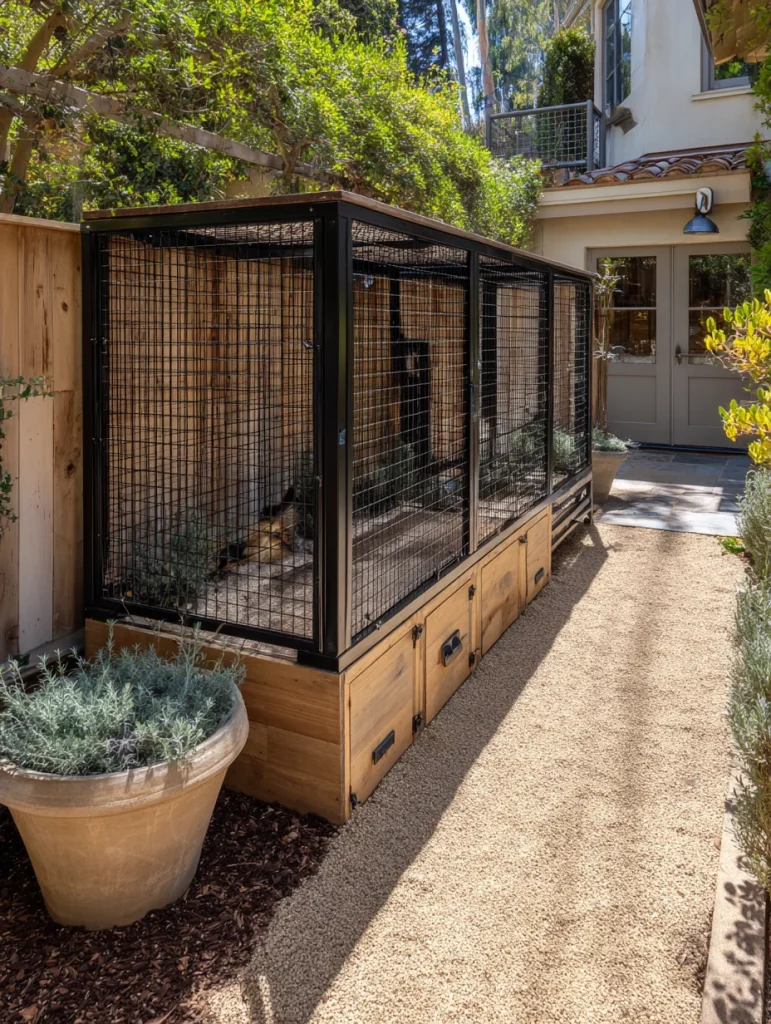 Stylish hog wire dog run with black metal frame and wood base in a modern backyard.