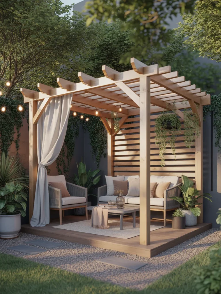 Petite pergola retreat with cozy seating, string lights, and greenery in a backyard corner.