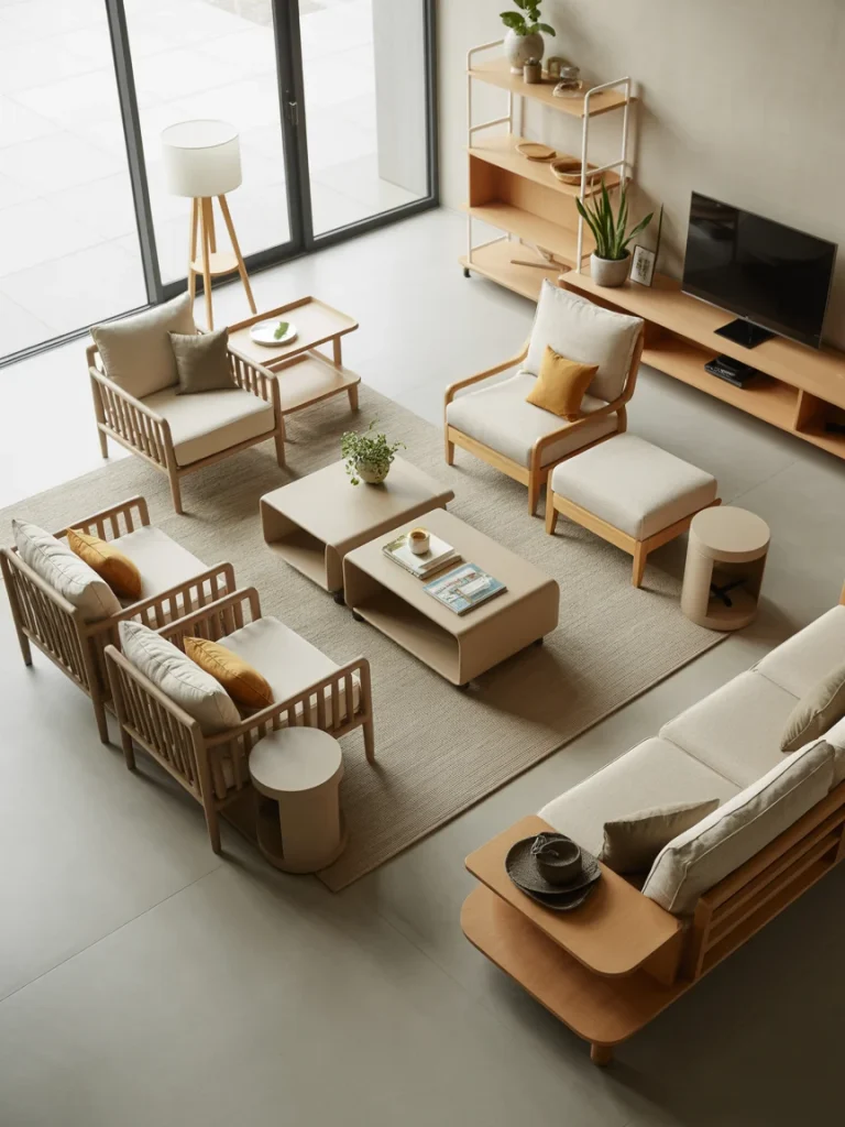 Sunroom with moveable furniture including modular seating, stools, and flexible tables