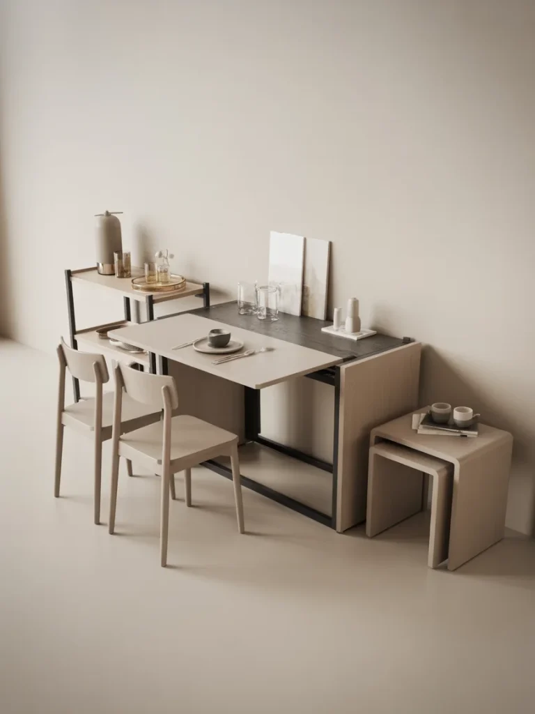 Compact transforming dining table with extendable surface and nested stools in a minimalist space.