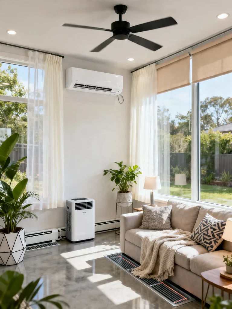 Sunroom with air conditioner, ceiling fan, and cozy seating for year-round comfort