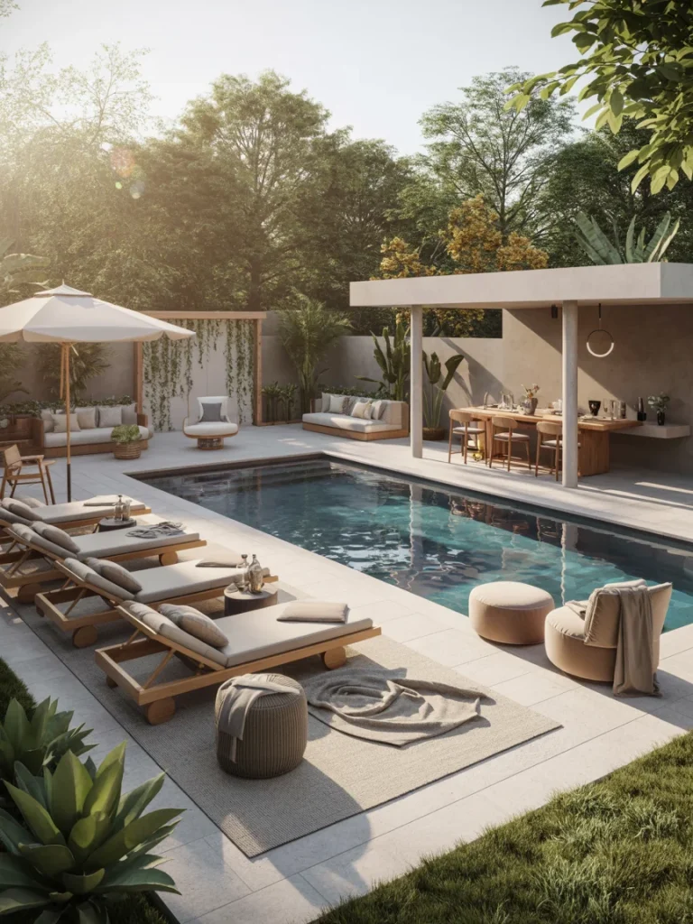 Luxury poolside backyard with lounge chairs, shaded bar, and outdoor seating