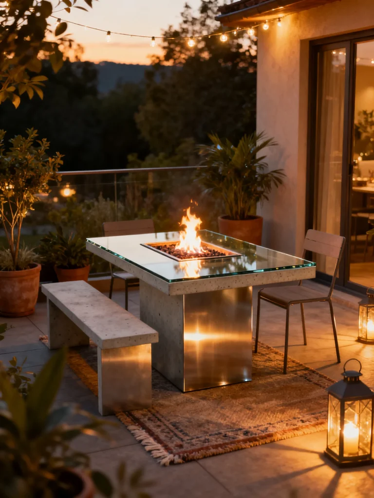 Portable tabletop fire pit on a small patio with modern outdoor seating at sunset