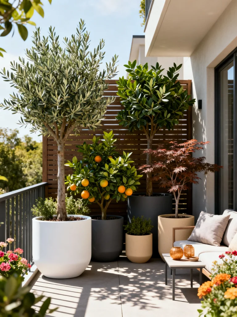 Potted tree cluster on a balcony creating privacy with greenery and stylish planters