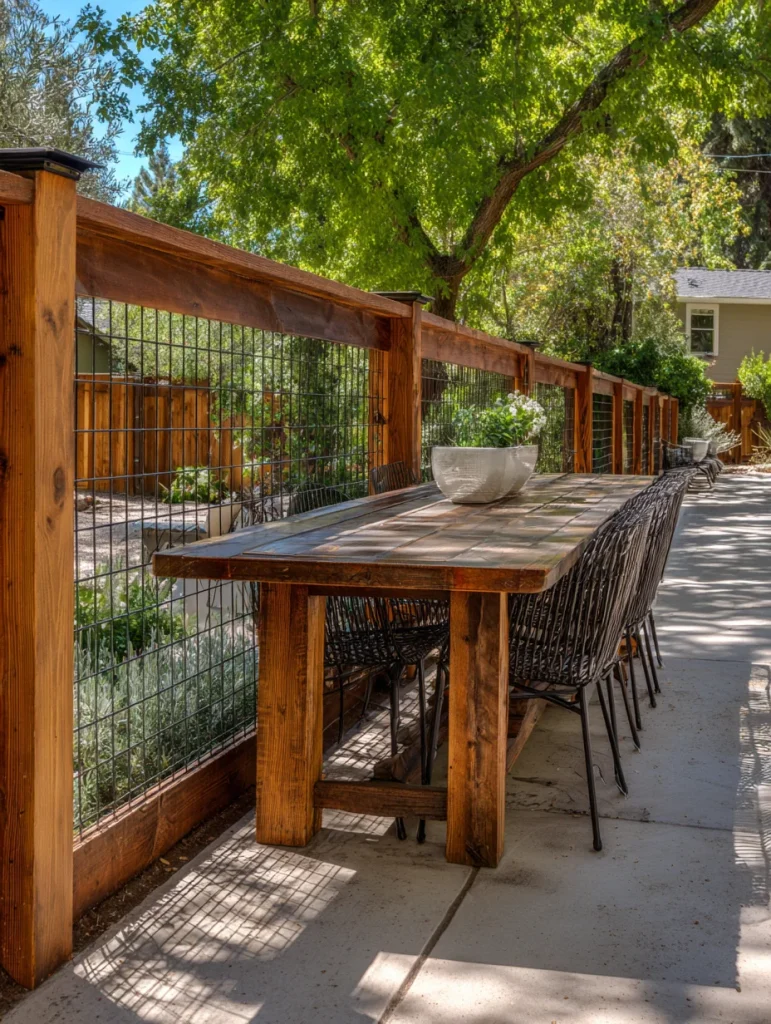 Hog wire fence with solid wood bottom panels and open mesh top along outdoor dining area.