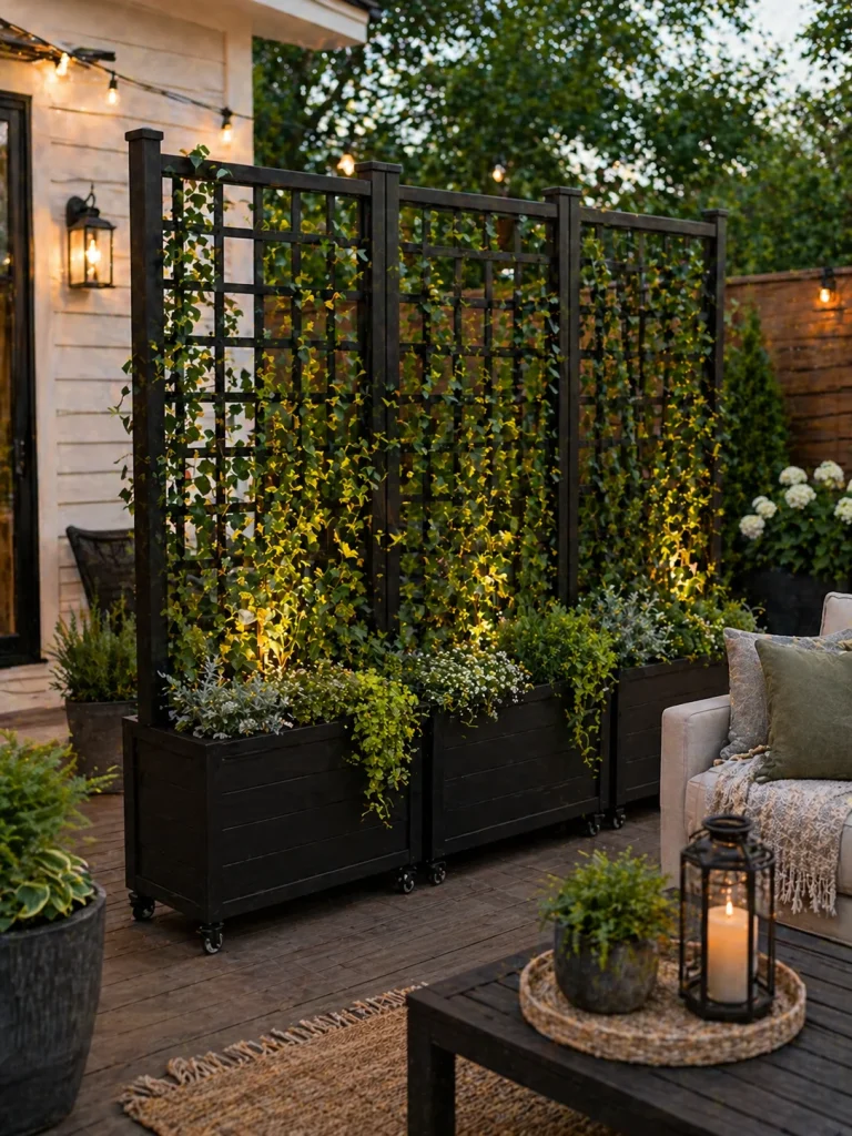 Privacy trellis planter boxes with climbing vines and outdoor lighting
