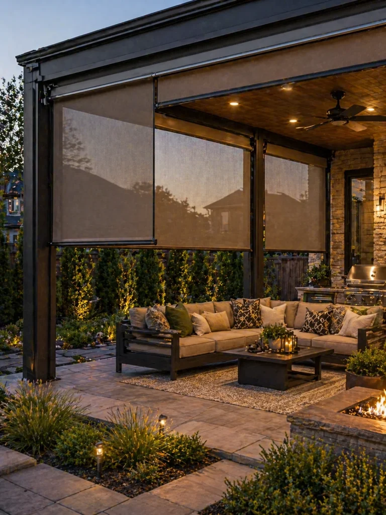 Retractable patio screens enclosing a covered outdoor lounge with seating and lighting