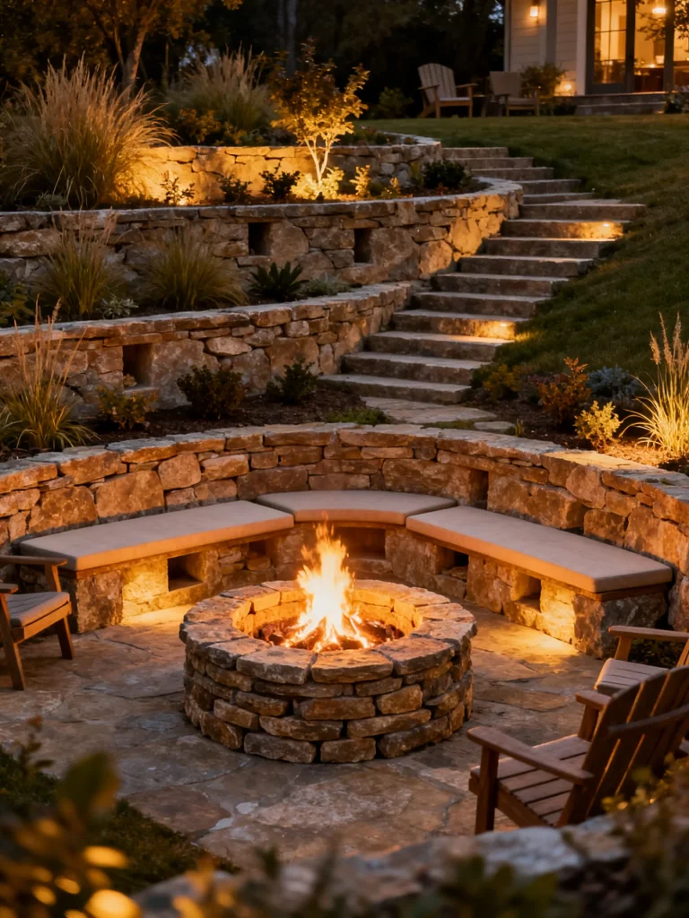 Rustic stone fire pit with terraced seating and built-in benches in landscaped backyard