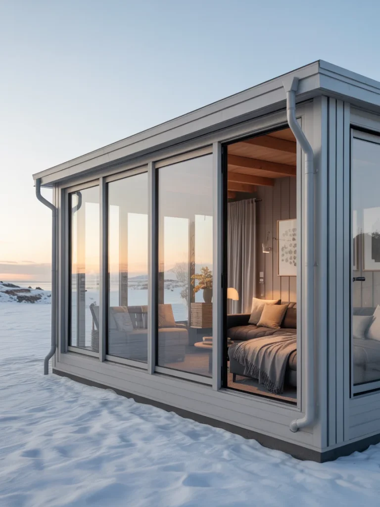 Well-insulated sunroom with sealed glass panels in a snowy outdoor setting