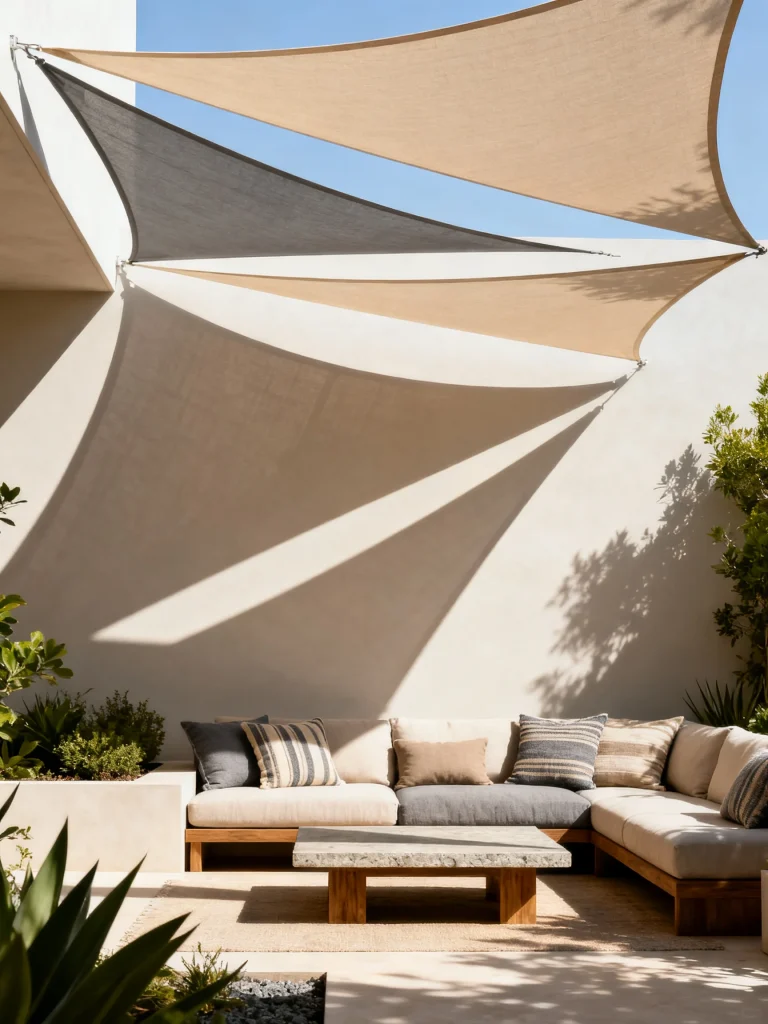 Modern shade sails creating privacy and shade over a minimalist outdoor seating area