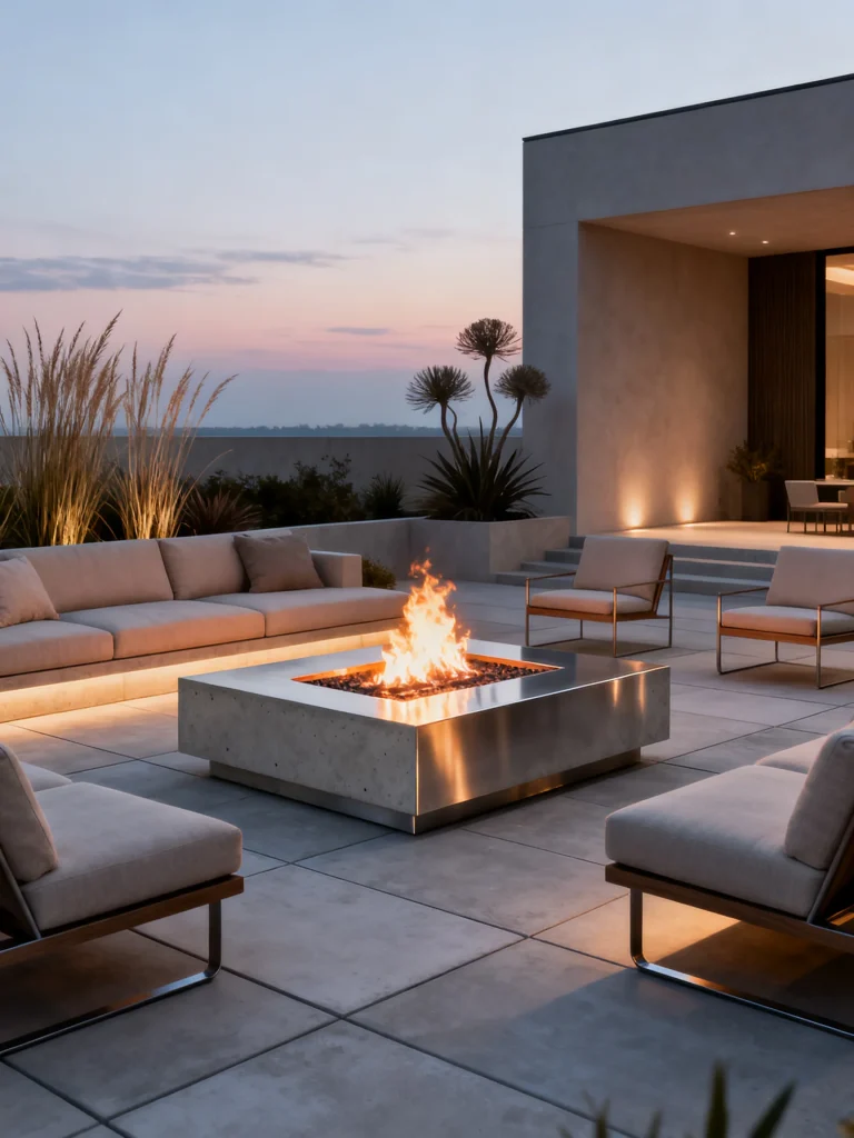 Sleek gas fire pit on modern patio with minimalist outdoor seating at sunset