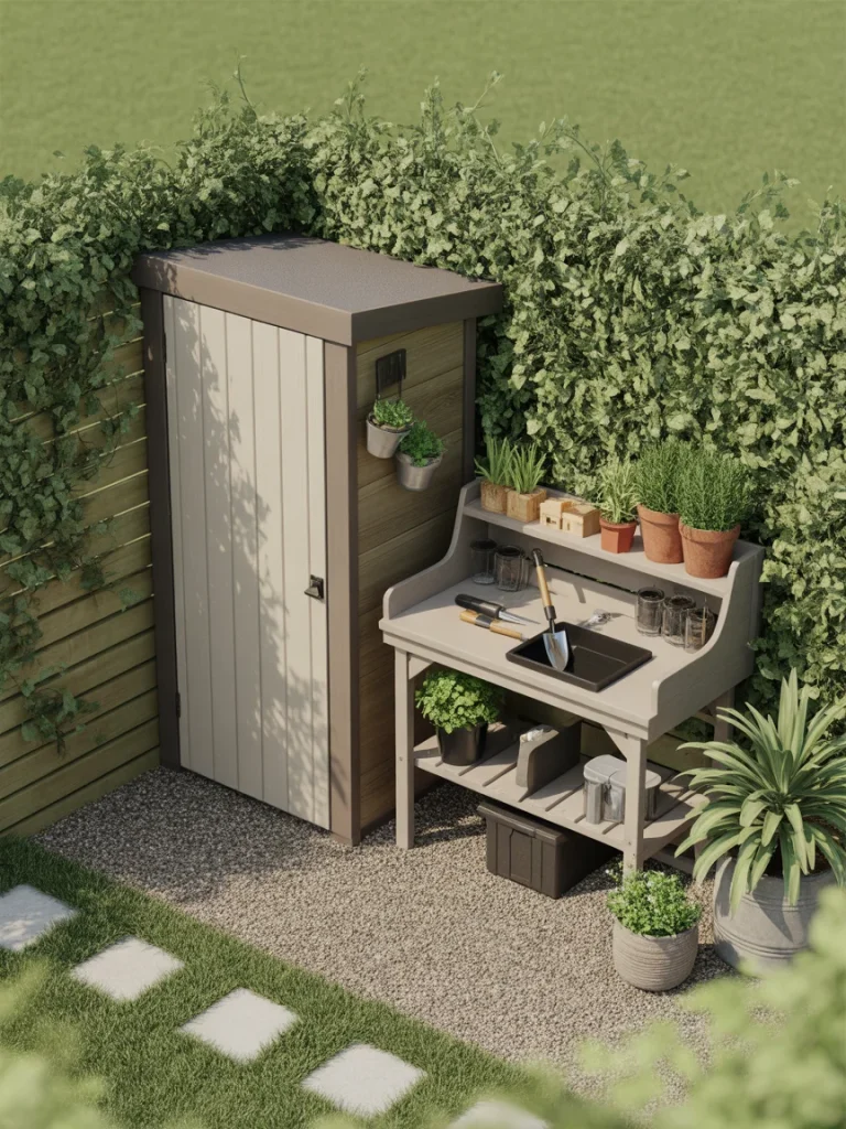 Slim garden shed with potting bench, potted herbs, and compact backyard storage setup.