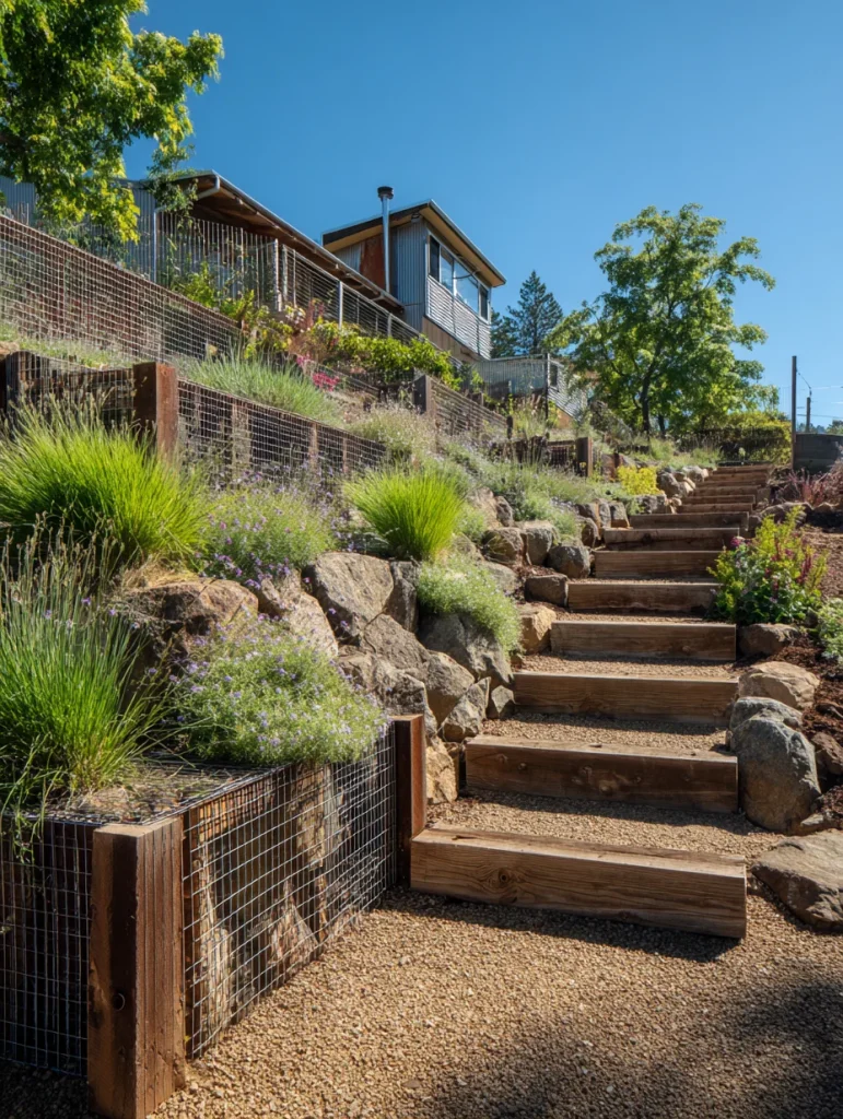 Sloped backyard with wooden steps and terraced hog wire fence sections supporting landscaped garden beds.