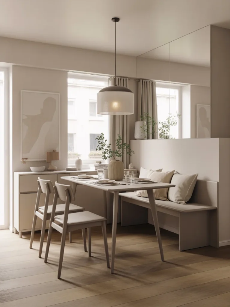 Small dining room with bench seating, rectangular table, pendant light, and neutral modern decor.