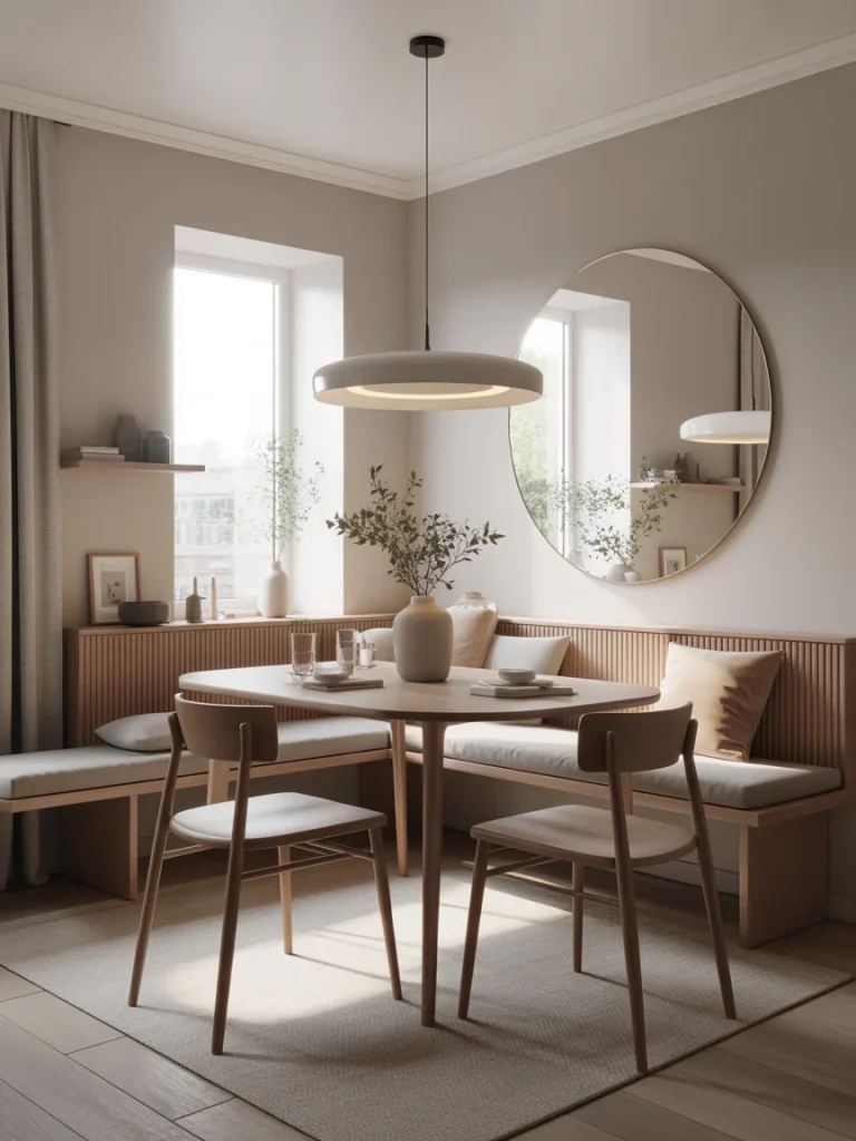 Small dining room with round table, banquette seating, pendant light, and wall mirror in a modern neutral space.