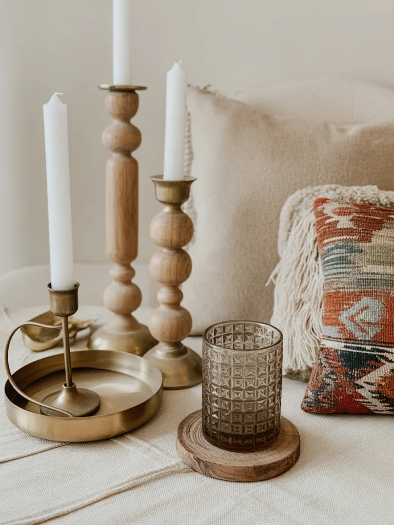 Boho decor with patterned pillow, brass candle holders, and textured glass on neutral surface.