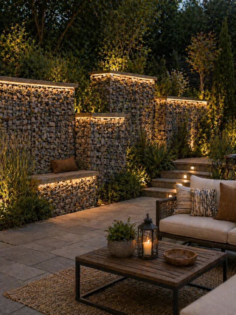 Staggered gabion walls with built-in lighting and modern backyard seating