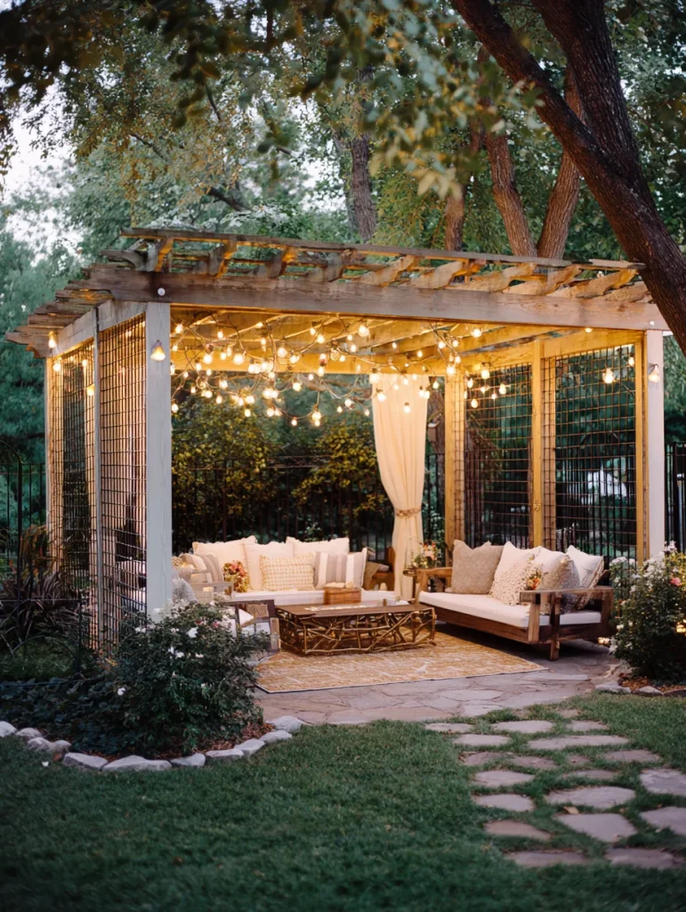 Cozy pergola with string lights and hog wire fence panels surrounding an outdoor seating area at dusk.