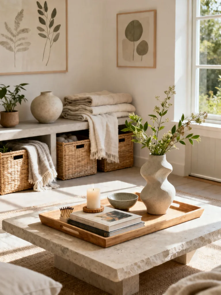 Sunroom styled with simple nature-inspired decor, wooden tray, vase with greenery, and neutral textiles