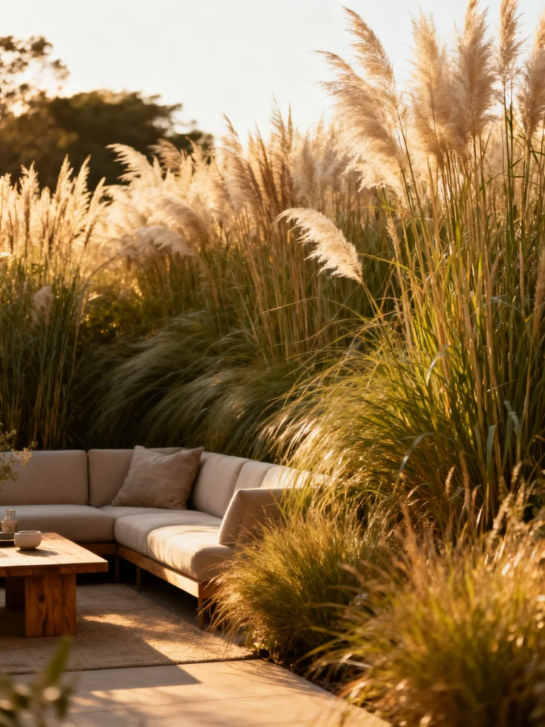 Tall ornamental grasses creating a natural privacy border around a cozy outdoor seating area