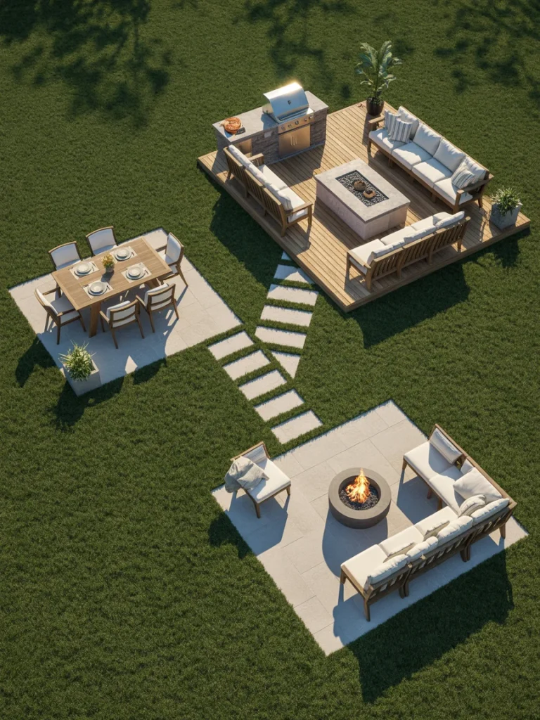 Backyard entertainer’s triangle layout with dining area, outdoor kitchen, and fire pit seating