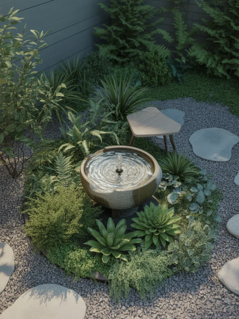 Tranquil corner fountain surrounded by greenery, gravel, and stepping stones in a backyard.