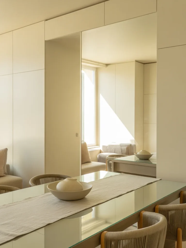 Light-toned dining area with mirror wall and glossy table reflecting natural light.