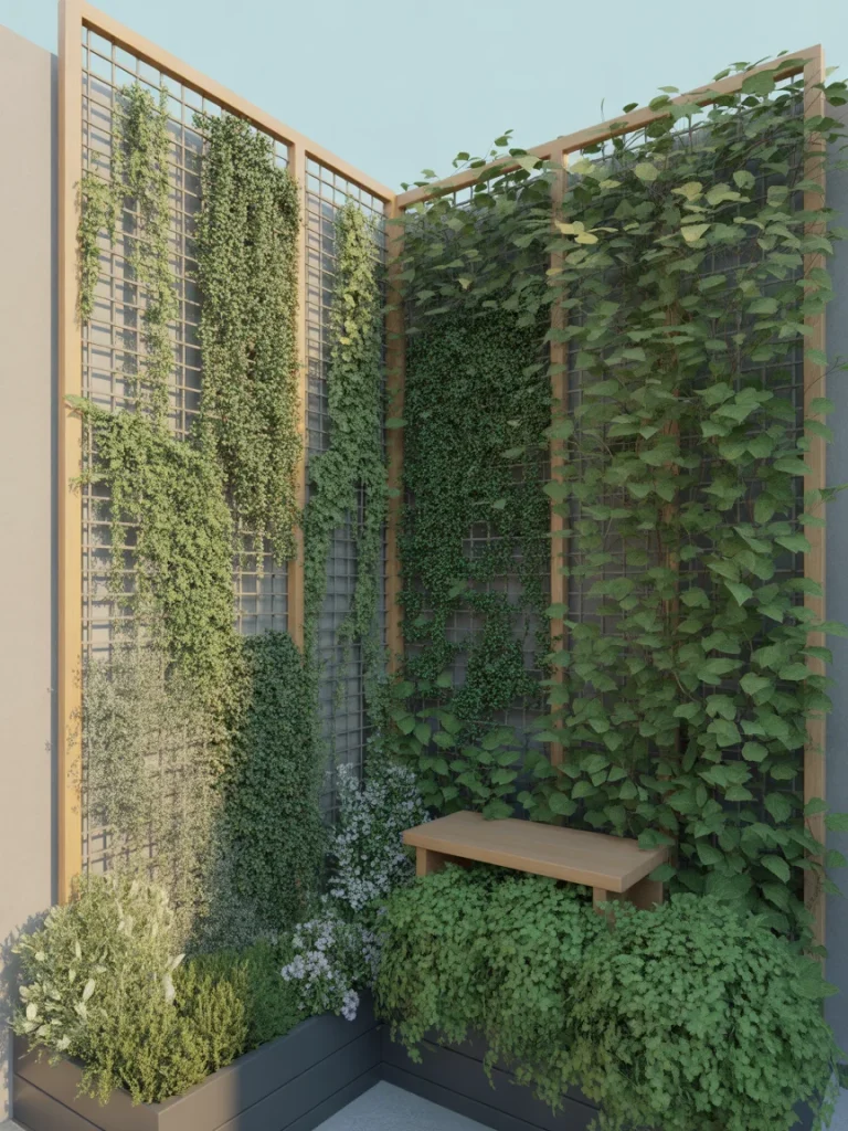 Vertical garden trellis wall with climbing greenery and built-in wooden bench in a corner yard.