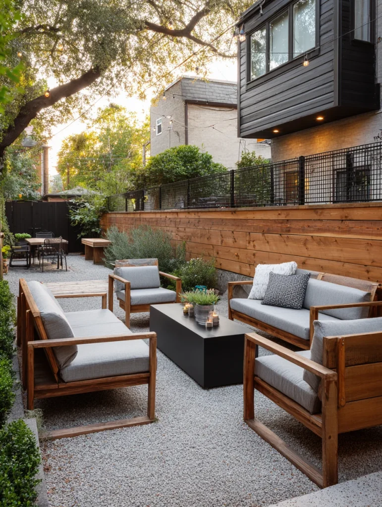 Modern backyard with cedar-framed hog wire fence, black mesh panels, and stylish outdoor seating.