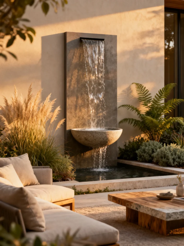 Modern outdoor wall fountain with cascading water feature in a serene backyard seating area