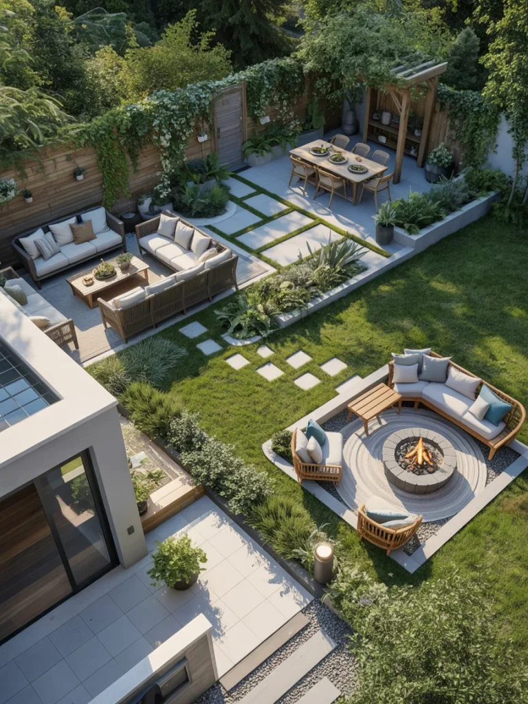 Modern backyard design with fire pit seating area, patio lounge, and outdoor dining space