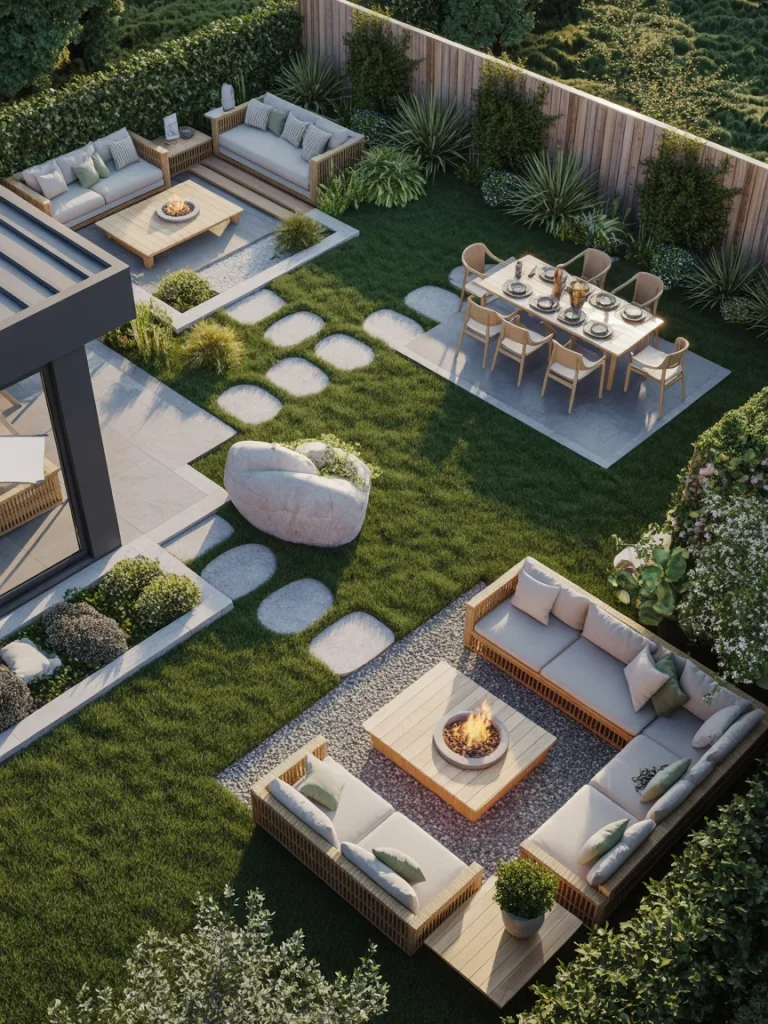 Modern backyard layout with lounge seating, fire pit, and outdoor dining area